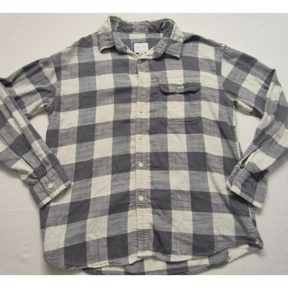 American Eagle Super Soft men's gray/white check long sleeve button up shirt Lg